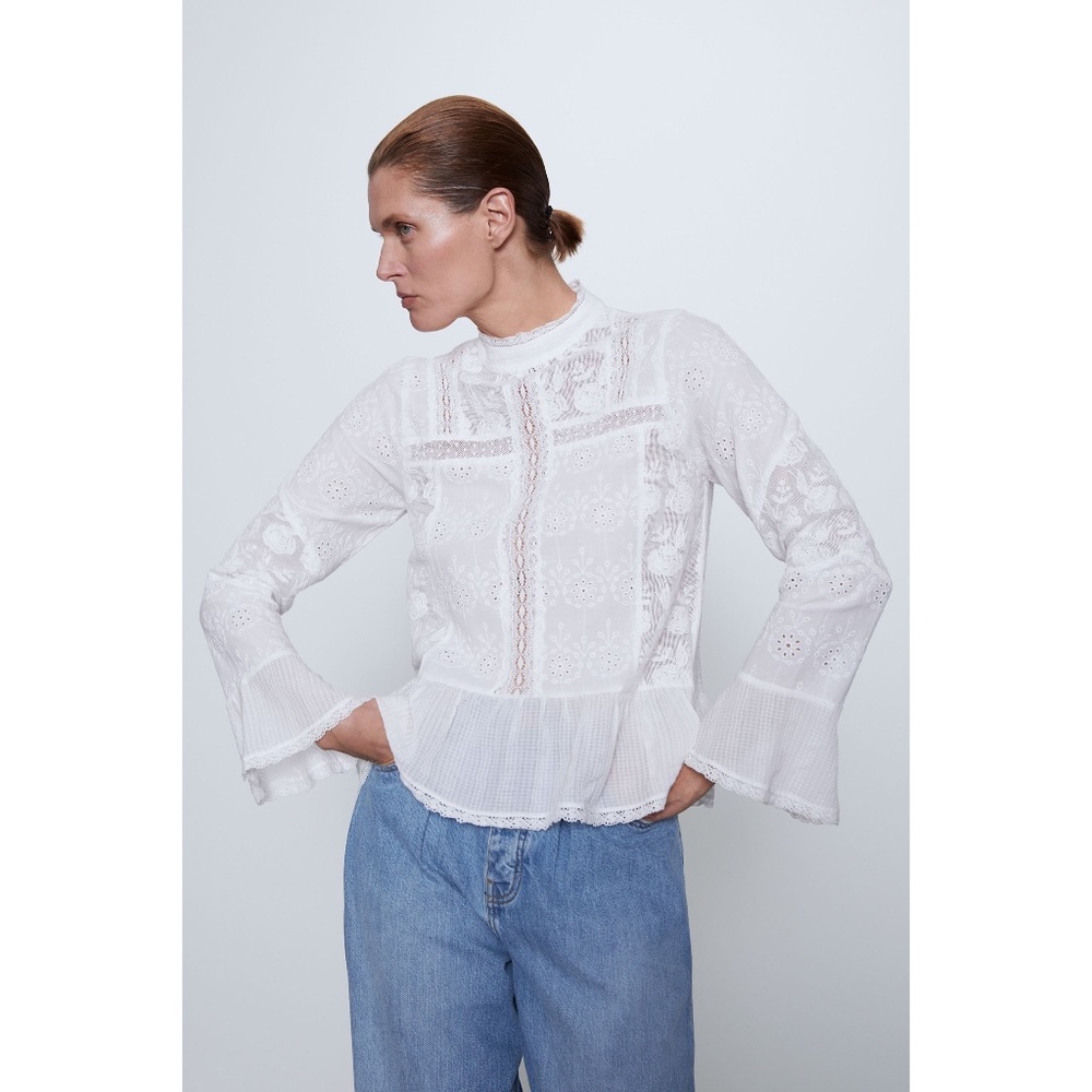 Zara white lace embroidered cotton top
